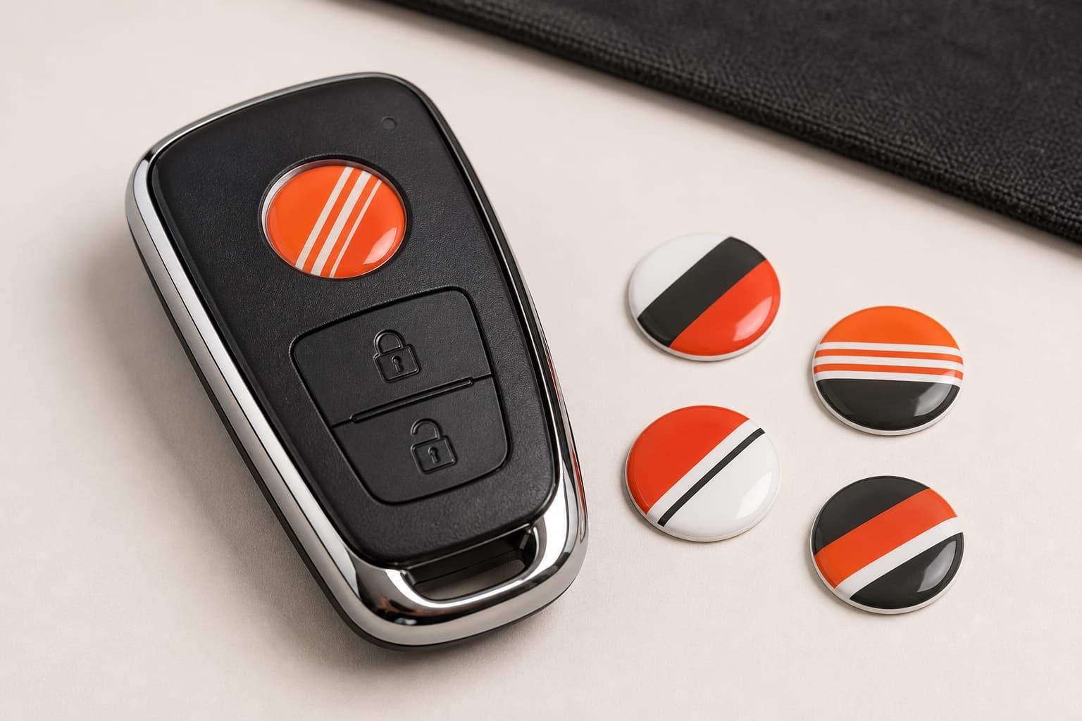 Black car key fob with a small round resin domed badge with a chrome emblem