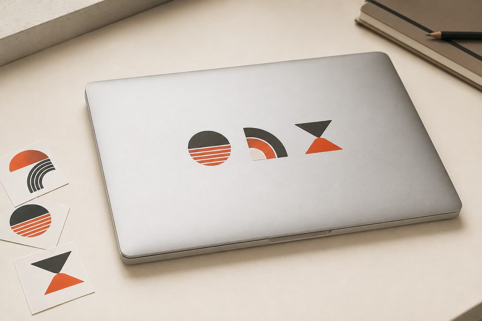 Drei matte Vinylaufkleber auf dem Aluminiumdeckel eines geschlossenen Laptops, daneben einzelne Kiss-Cut-Quadrate