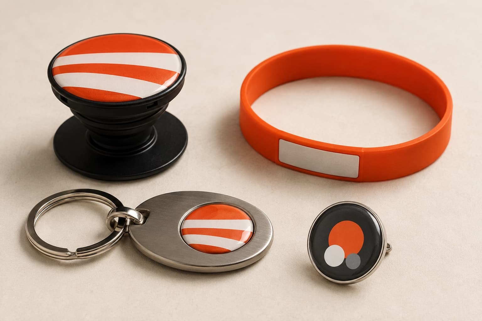 Four branded items with a domed resin finish: phone grip, silicone wristband, metal keyring and round pin